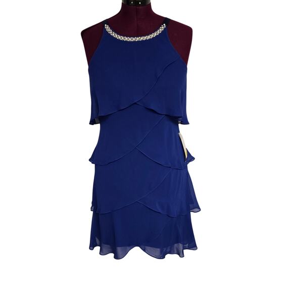NEW NWT SL Fashions Blue Tiered Chiffon Cocktail Party Dress | Size 8 - Picture 1 of 12